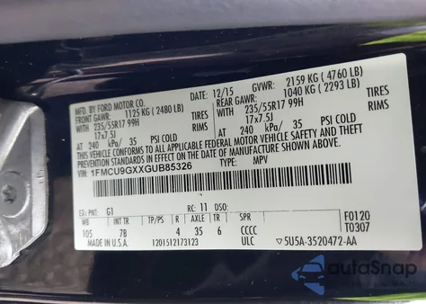 2016 Ford Escape Se из США, поврежденный, VIN 1FMCU9GXXGUB85326